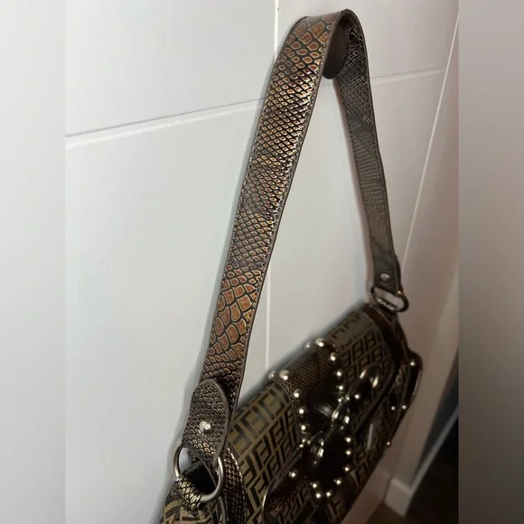 Y2K Monogram Shoulder Bag Brown Snakeskin Trim Fiorelli Vintage 2000s - Picture 4 of 10